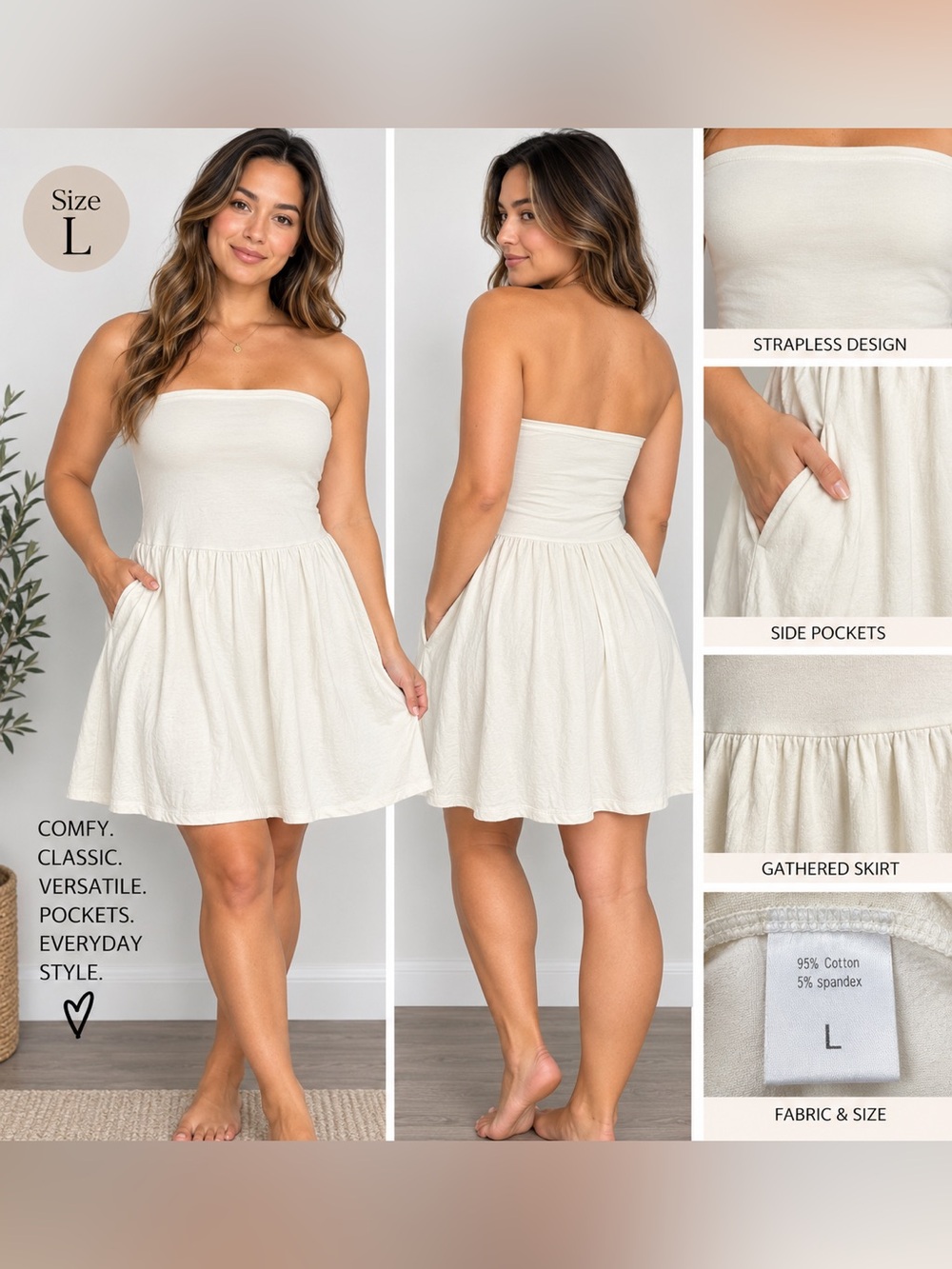 Strapless Cream Gathered Skater Dress